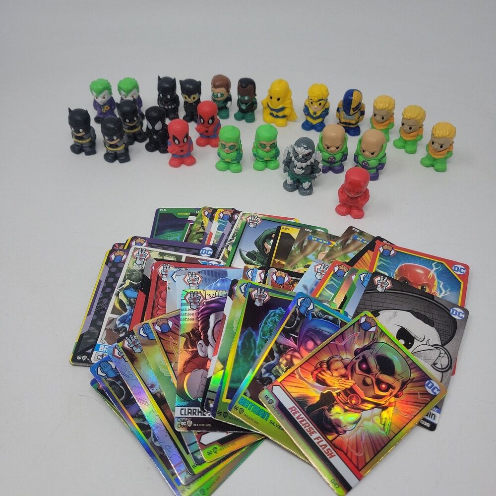 Lot Of 24 Ooshies Pencil Toppers + Cards DC Comics Batman, Spiderman Doomsday